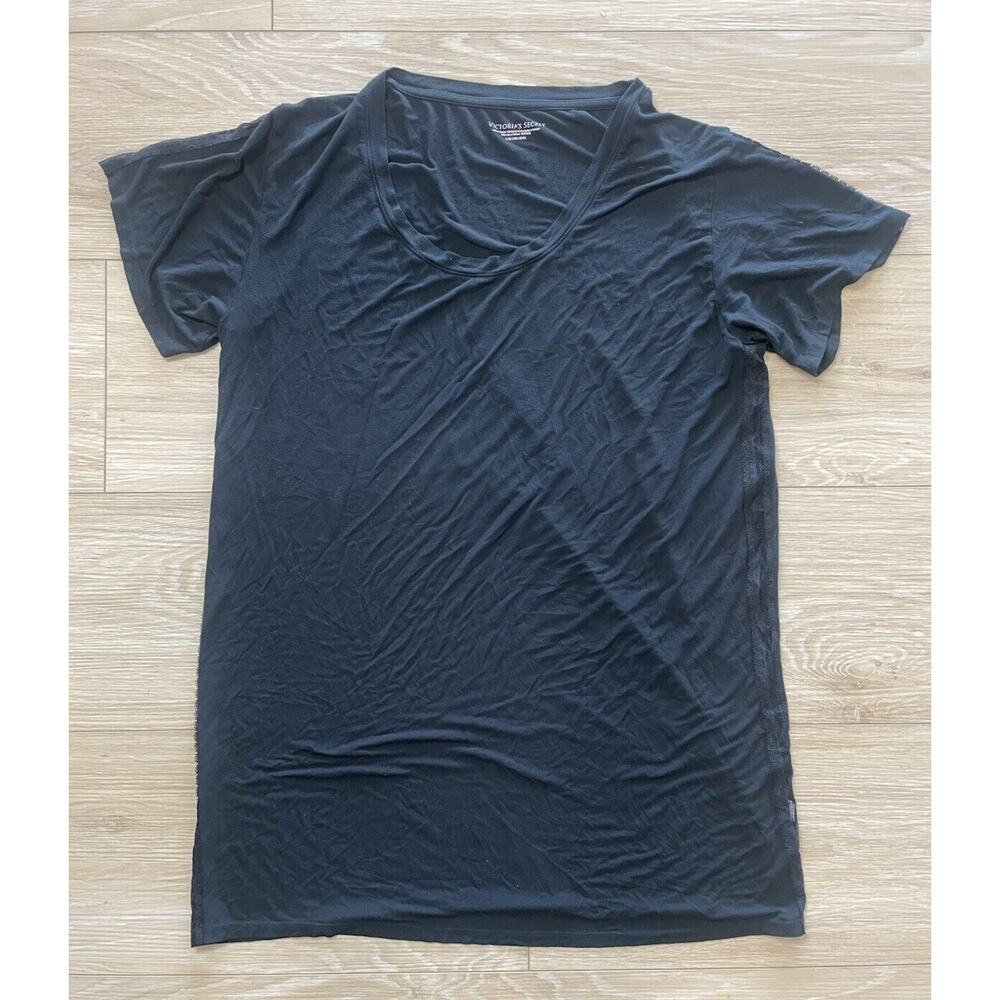 Victoria's Secret Women's Large Black Short Sleeve Pajama Lounge Top Shirt Lace